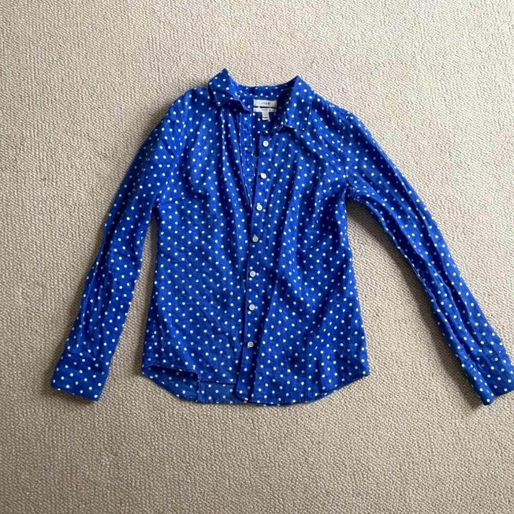 J Crew 100% linen blue and white polka dot button down shirt 4/Small